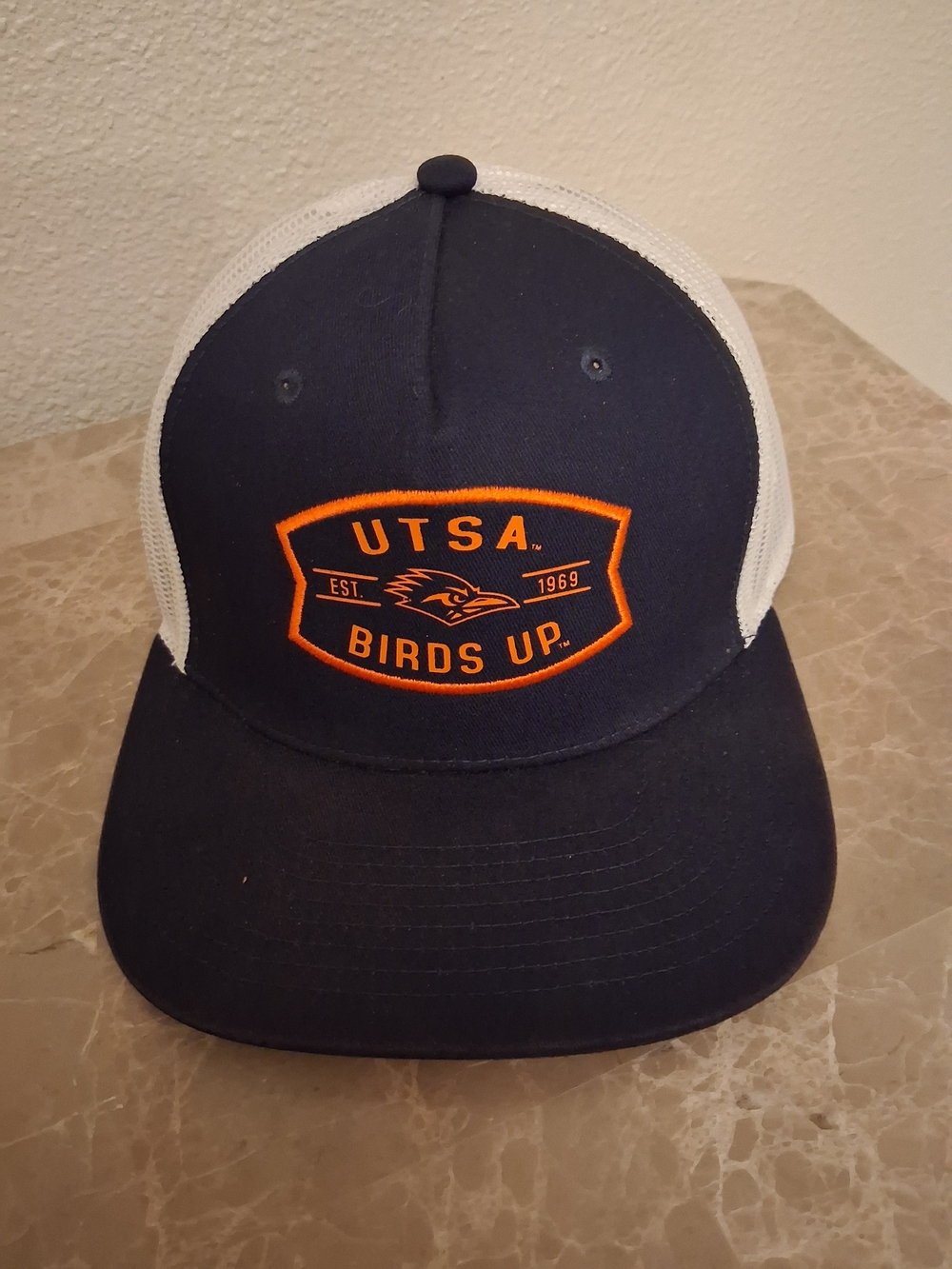 New Era UTSA Navy and White Trucker Hat with Orange Logo